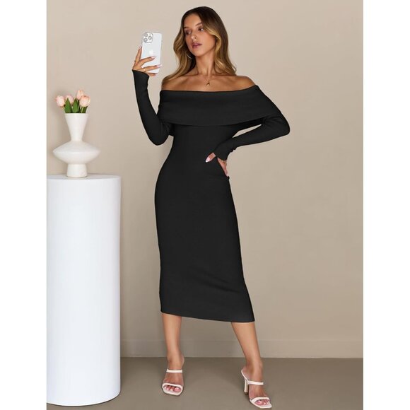 Merokeety Women's Black Off Shoulder Long Sleeve Elegant Bodycon Midi Dress - Picture 7 of 9